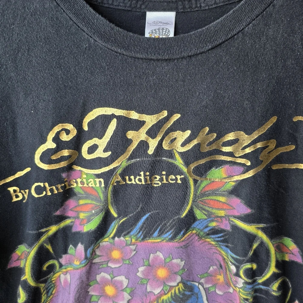 Christian Audigier Ed Hardy Long Sleeve Black Skull Floral Print Shirt Mens S - Picture 5 of 15